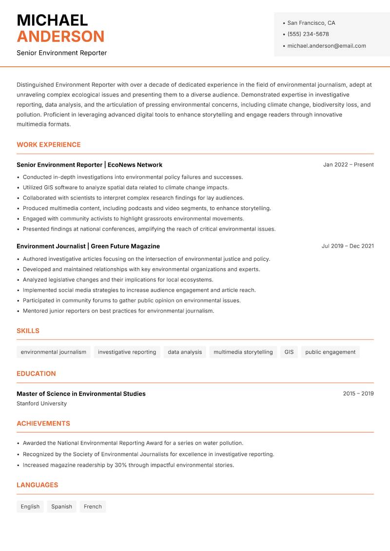 Environment Reporter resume sample — Senior Environment Reporter focus
