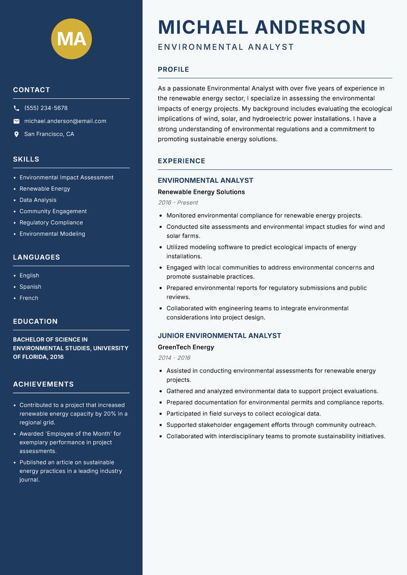 Environmental Analyst resume sample — Environmental Analyst focus