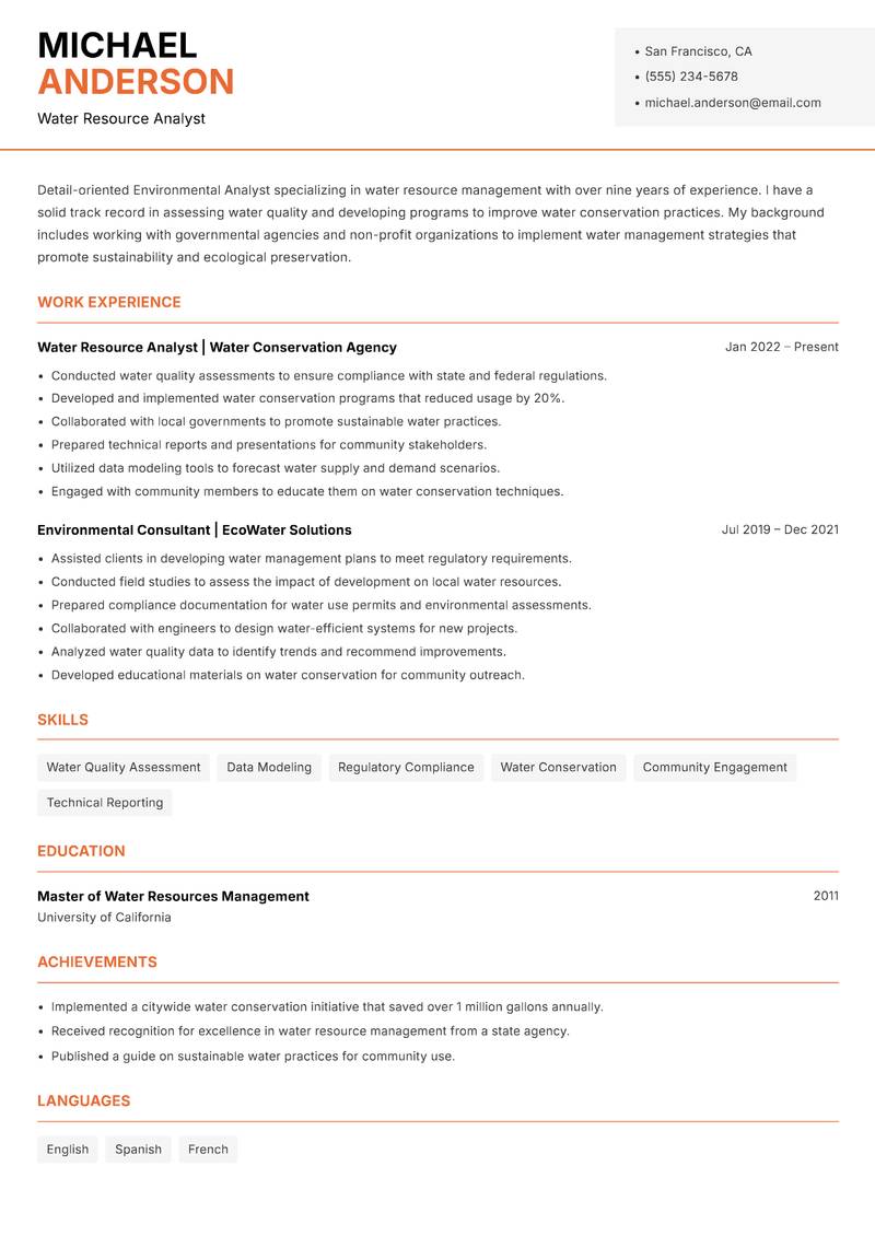 Environmental Analyst resume sample — Water Resource Analyst focus