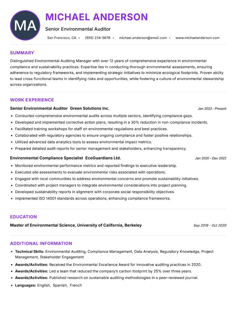 Environmental Auditing Manager resume example