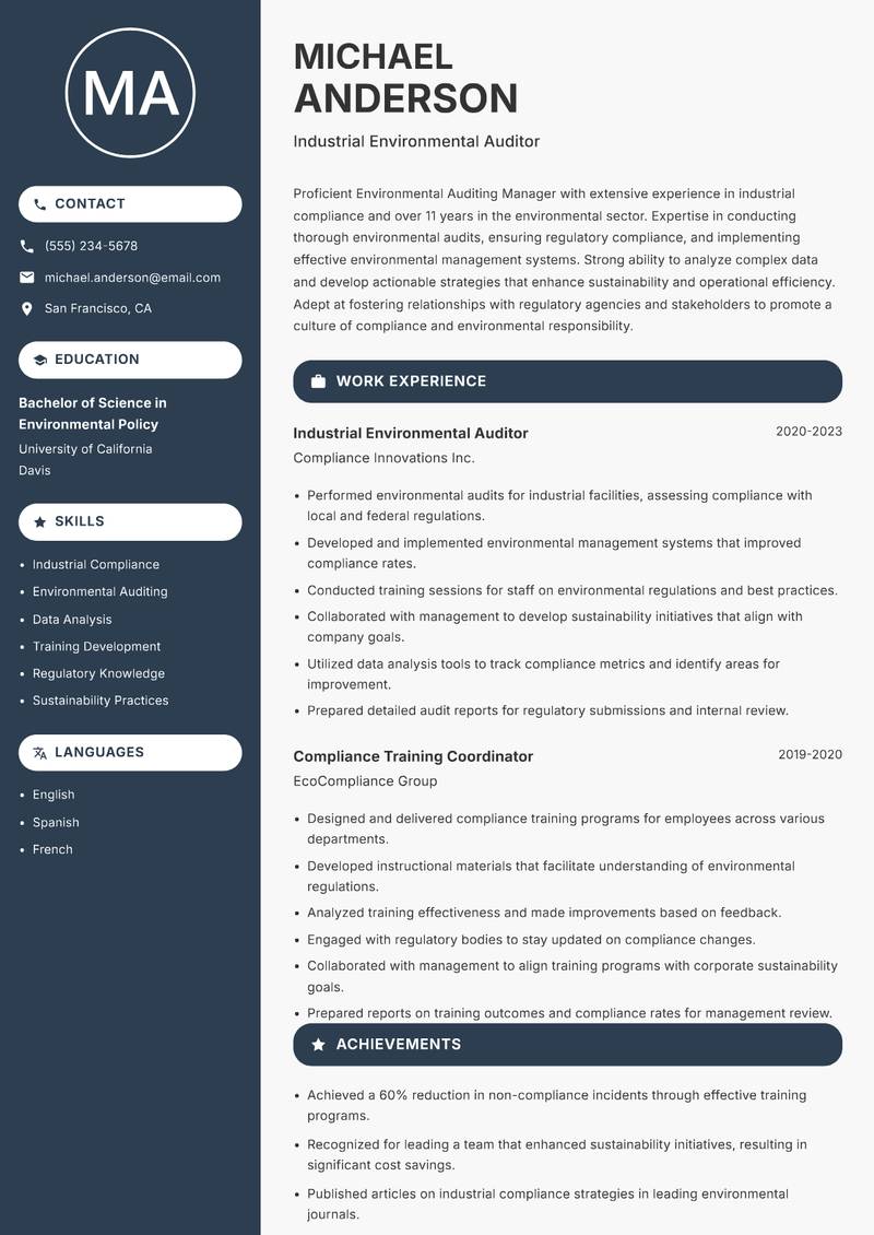 Environmental Auditing Manager resume sample — Industrial Environmental Auditor focus