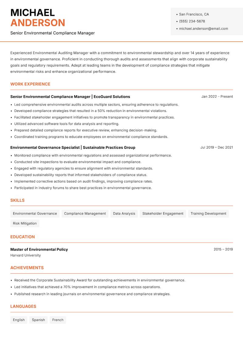 Environmental Auditing Manager resume sample — Senior Environmental Compliance Manager focus