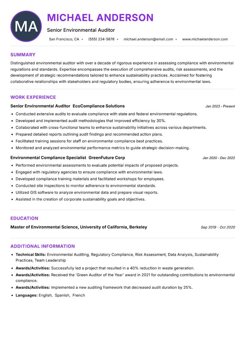 Environmental Auditor resume example