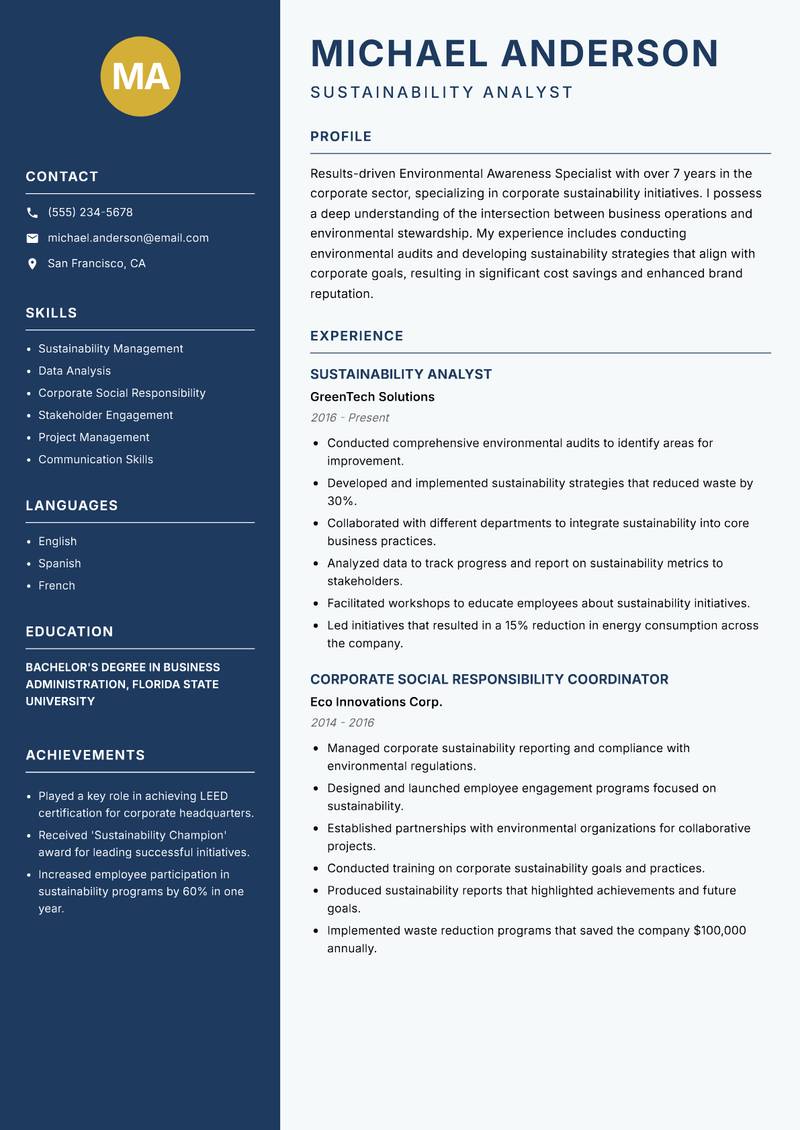 Environmental Awareness Specialist resume sample — Sustainability Analyst focus