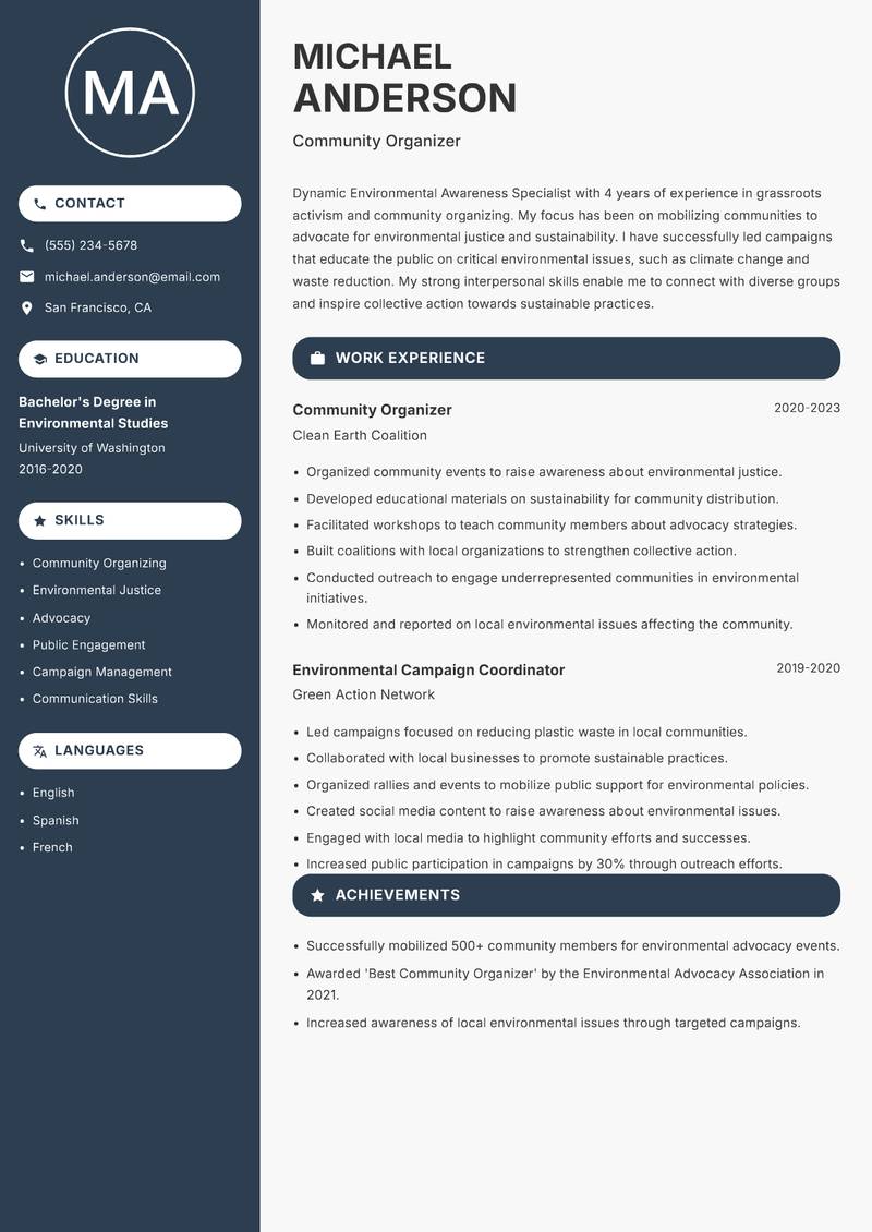 Environmental Awareness Specialist resume sample — Community Organizer focus