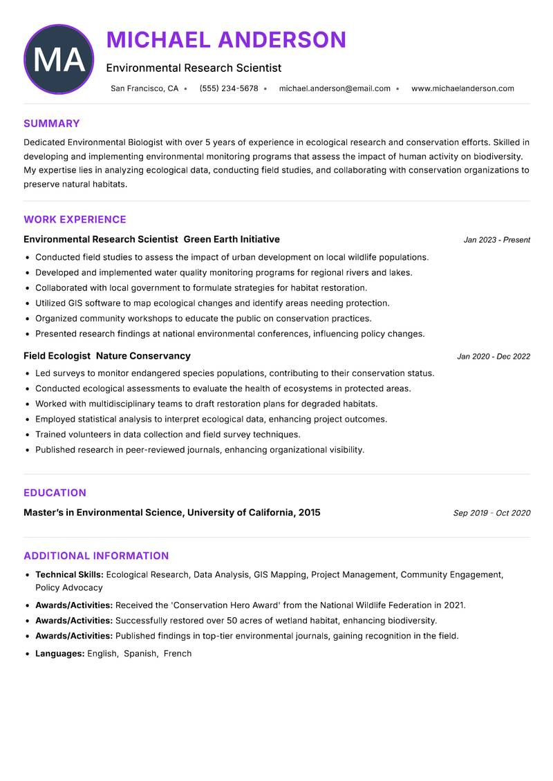 Environmental Biologist resume example