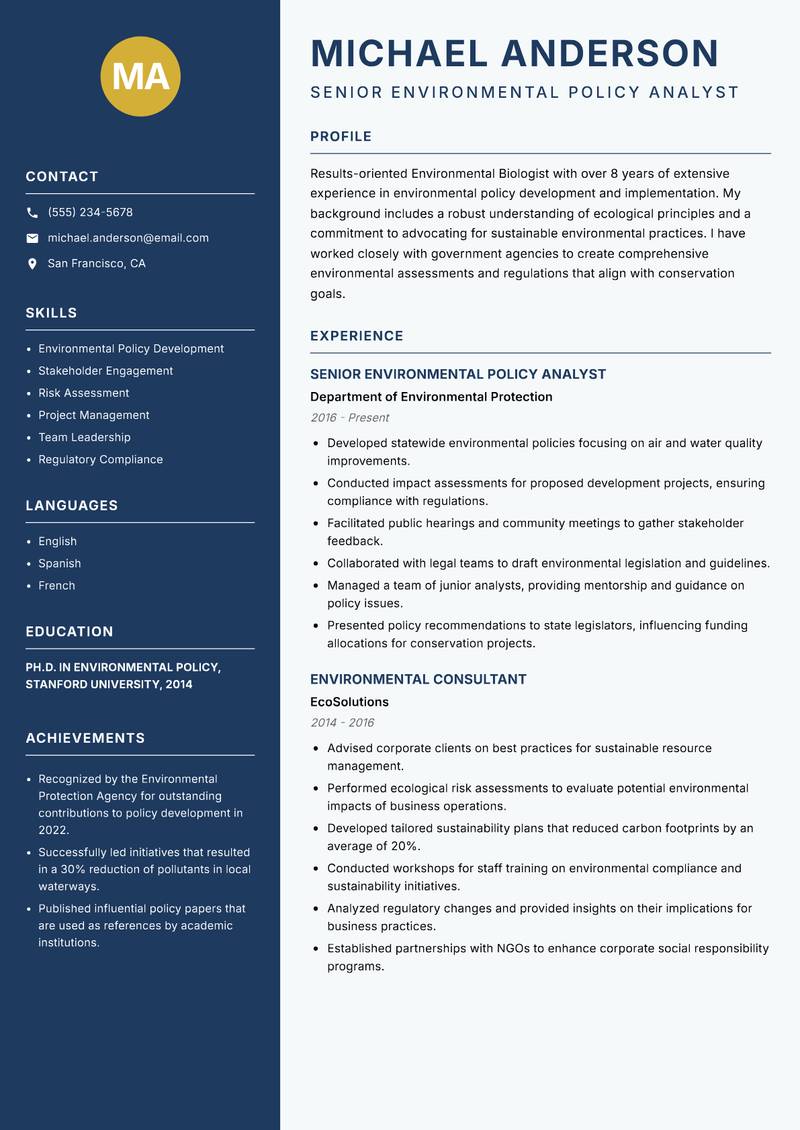 Environmental Biologist resume sample — Senior Environmental Policy Analyst focus