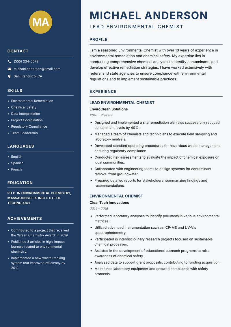 Environmental Chemist resume sample — Lead Environmental Chemist focus