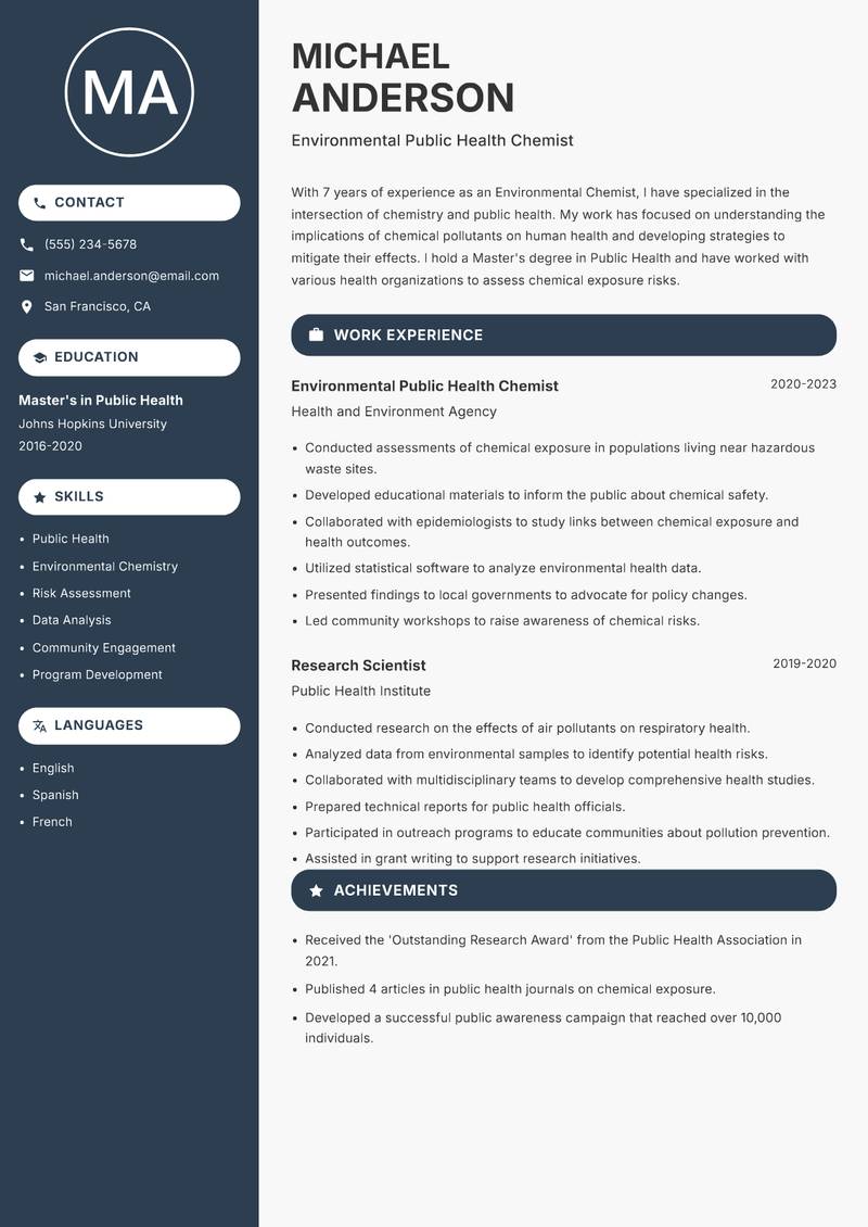 Environmental Chemist resume sample — Environmental Public Health Chemist focus