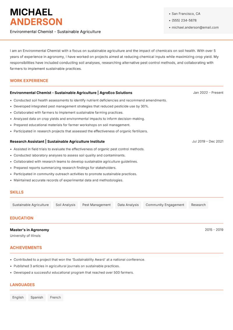 Environmental Chemist resume sample — Environmental Chemist - Sustainable Agriculture focus