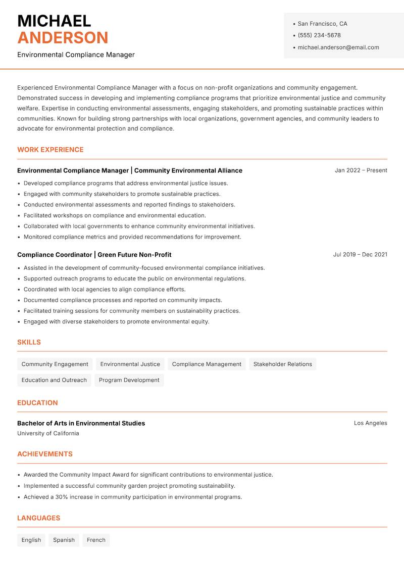 Environmental Compliance Manager resume sample — Environmental Compliance Manager focus