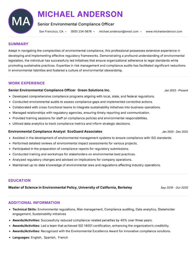 Environmental Compliance Officer resume example