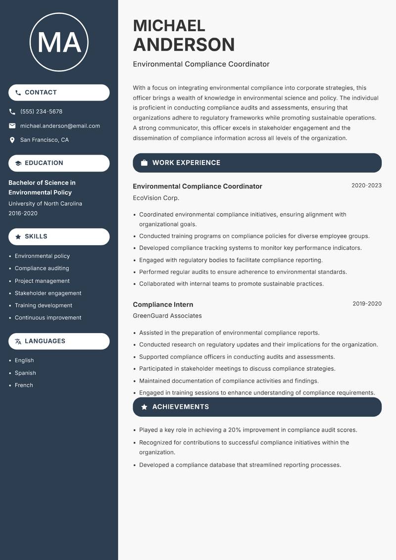 Environmental Compliance Officer resume sample — Environmental Compliance Coordinator focus