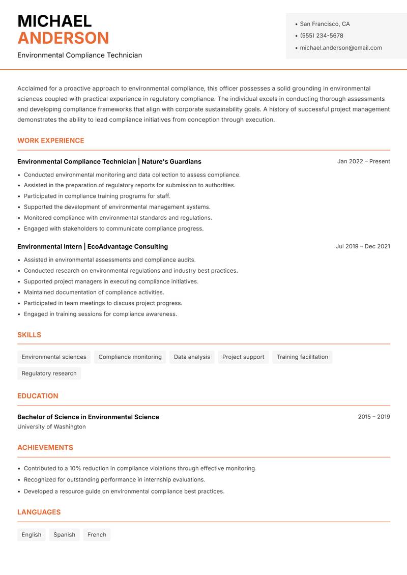 Environmental Compliance Officer resume sample — Environmental Compliance Technician focus
