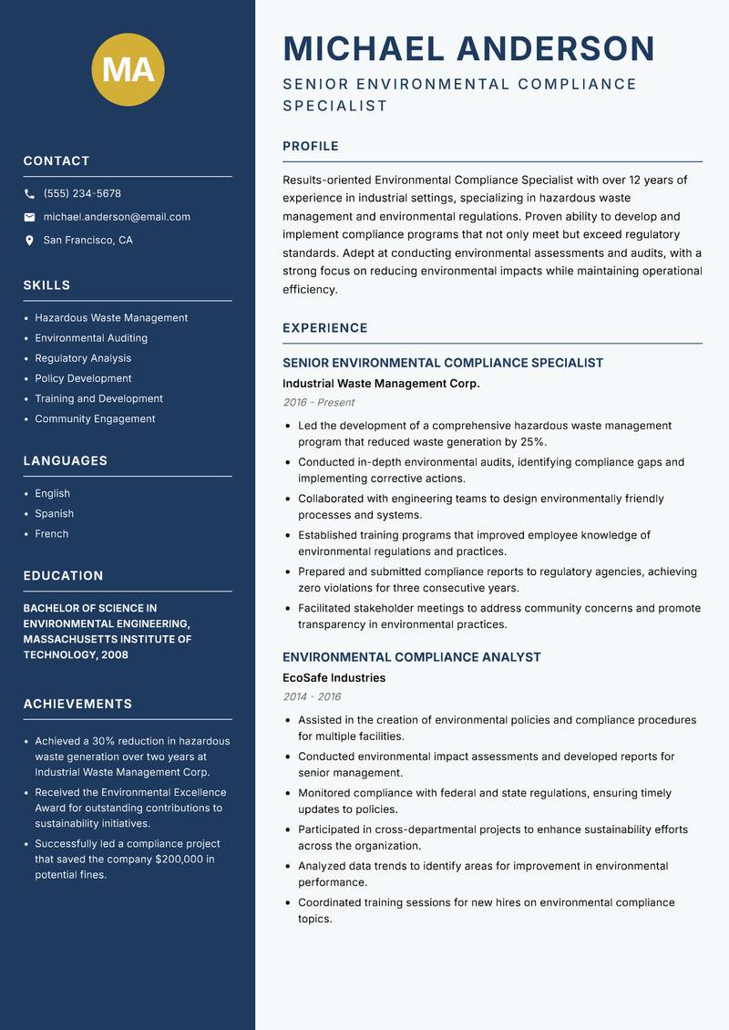 Environmental Compliance Specialist resume sample — Senior Environmental Compliance Specialist focus
