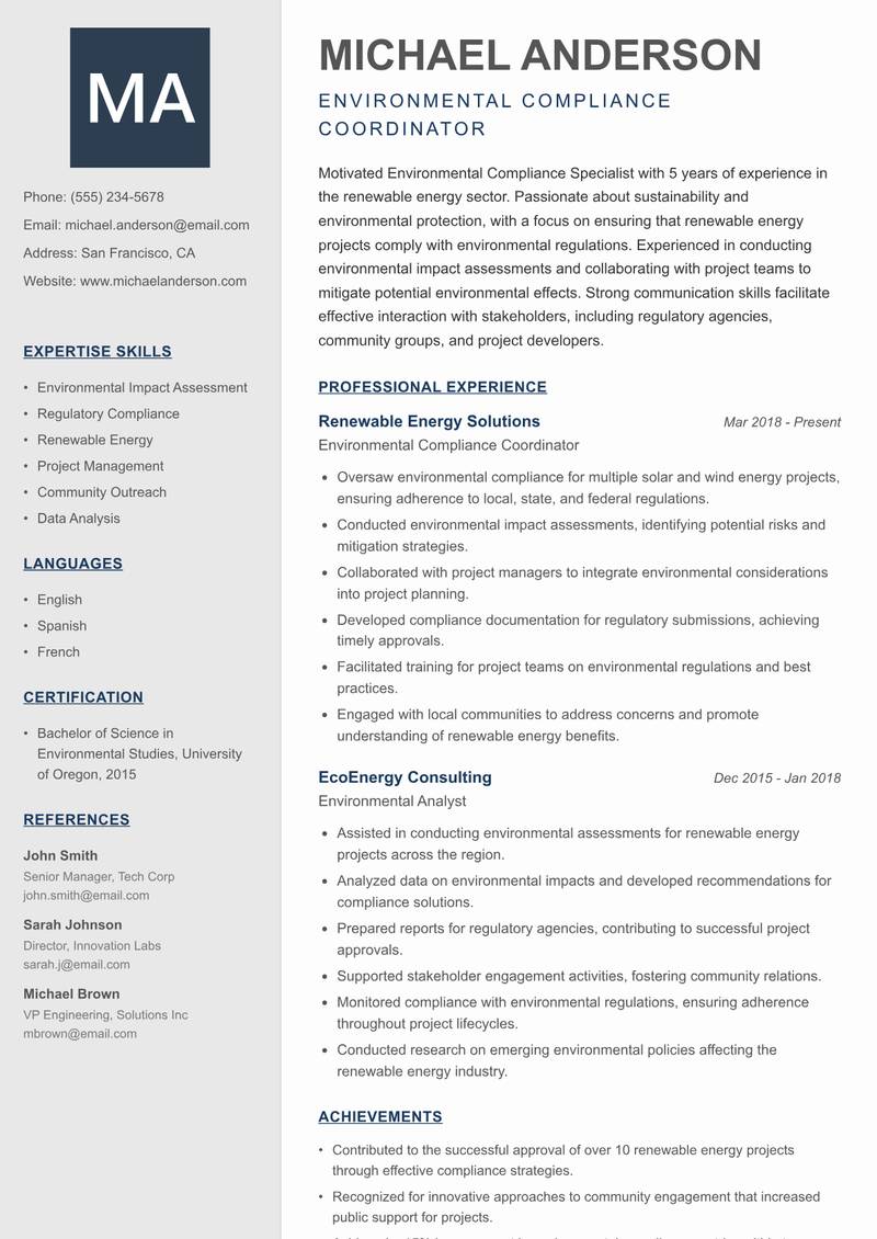 Environmental Compliance Specialist resume sample — Environmental Compliance Coordinator focus