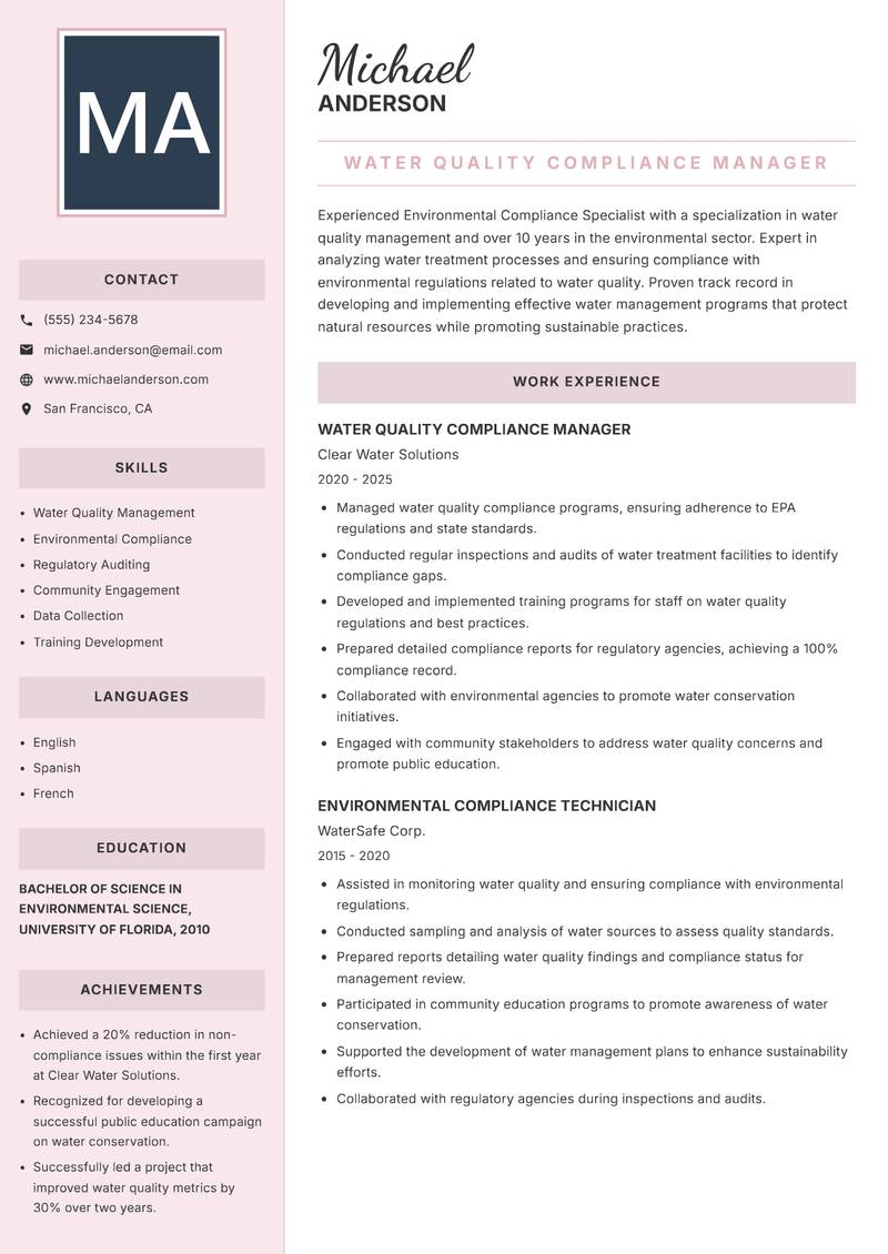 Environmental Compliance Specialist resume sample — Water Quality Compliance Manager focus
