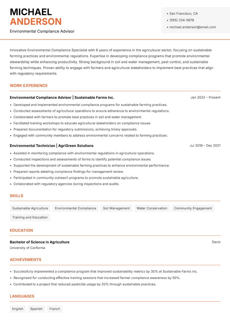 Environmental Compliance Specialist resume sample — Environmental Compliance Advisor focus