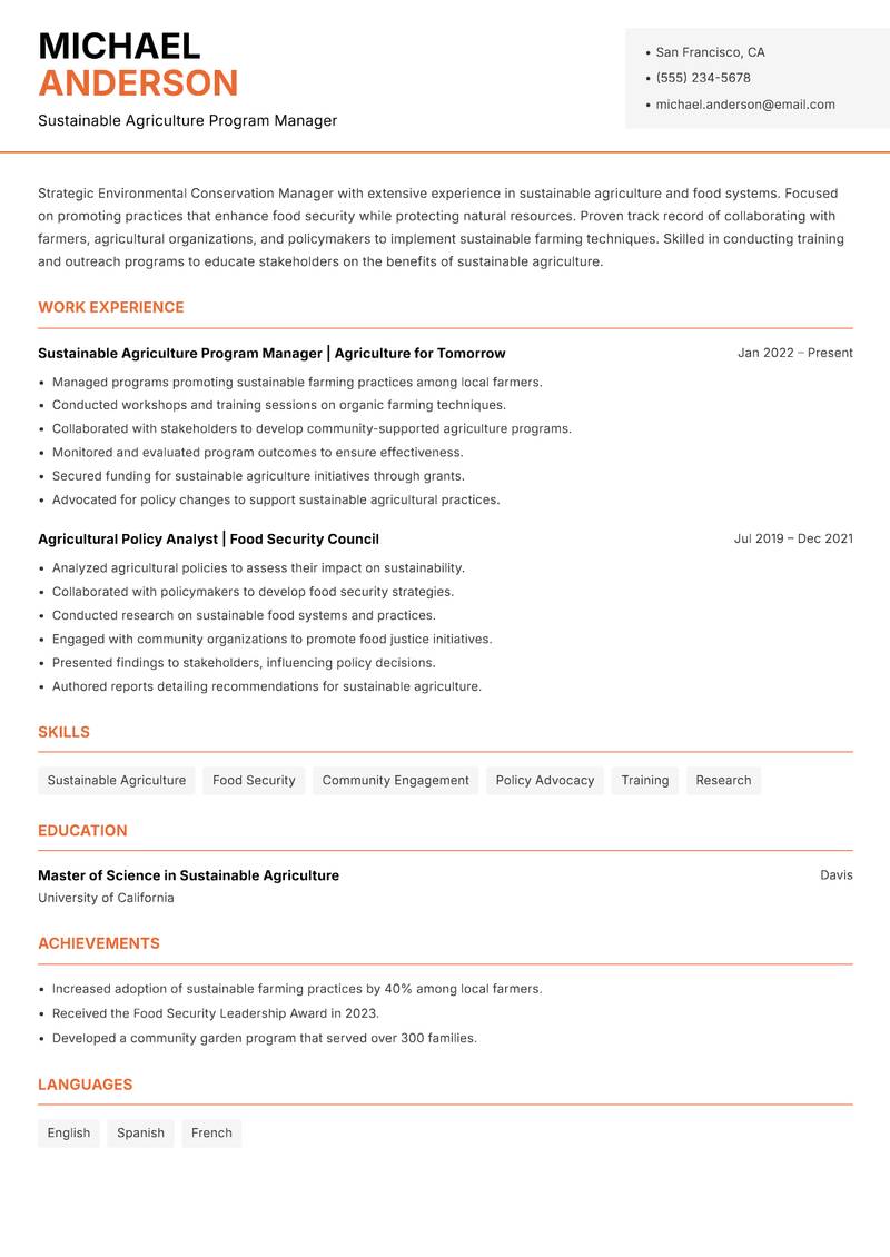 Environmental Conservation Manager resume sample — Sustainable Agriculture Program Manager focus