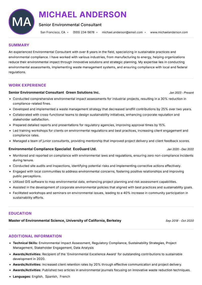 Environmental Consultant resume example