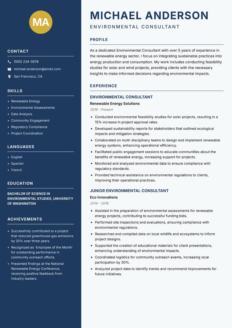 Environmental Consultant resume sample — Environmental Consultant focus