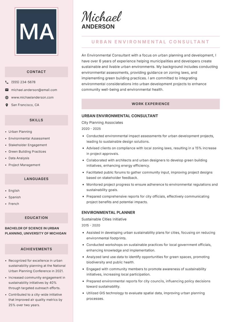 Environmental Consultant resume sample — Urban Environmental Consultant focus