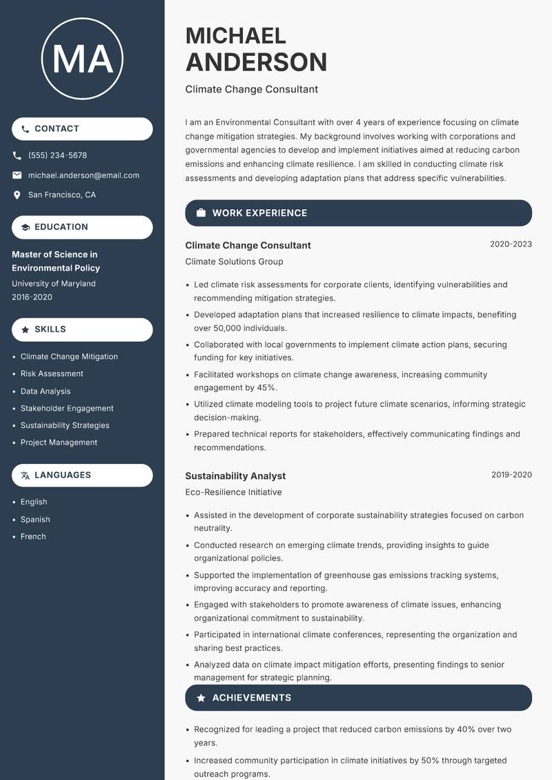 Environmental Consultant resume sample — Climate Change Consultant focus