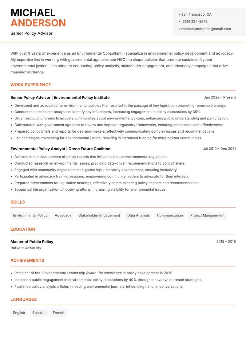 Environmental Consultant resume sample — Senior Policy Advisor focus