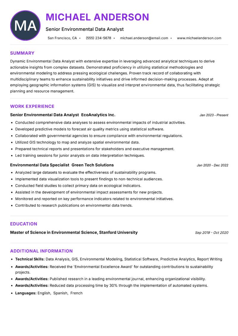 Environmental Data Analyst resume example