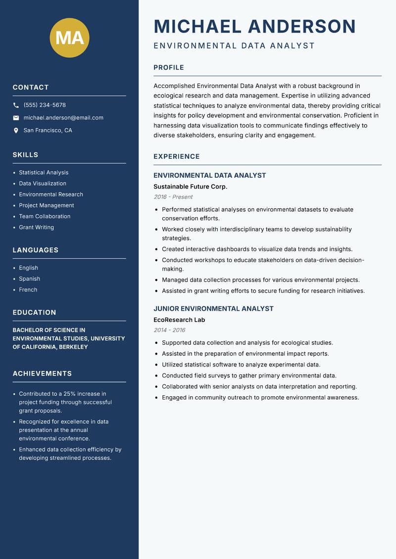 Environmental Data Analyst resume sample — Environmental Data Analyst focus