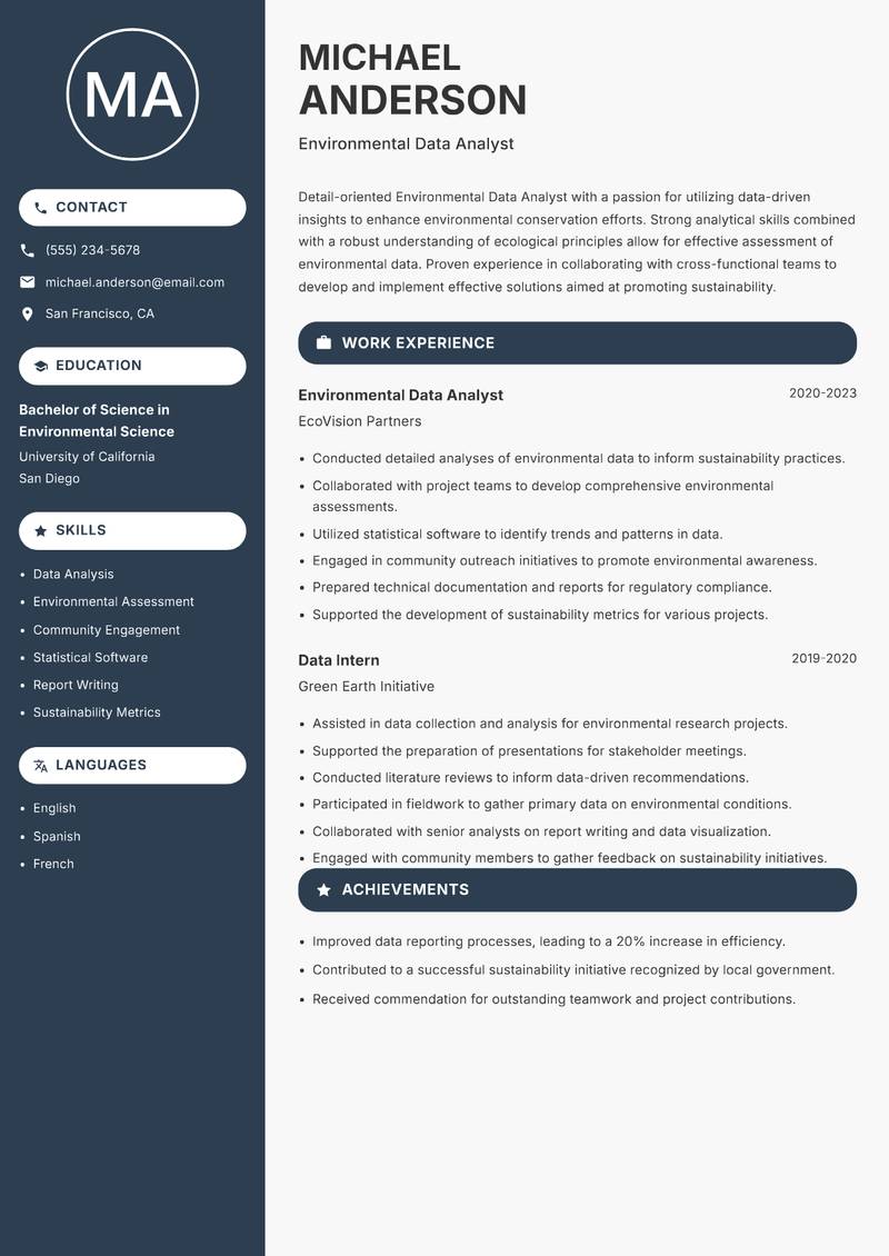 Environmental Data Analyst resume sample — Environmental Data Analyst focus