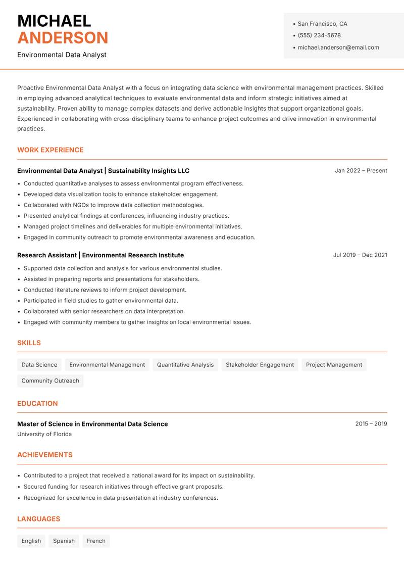 Environmental Data Analyst resume sample — Environmental Data Analyst focus