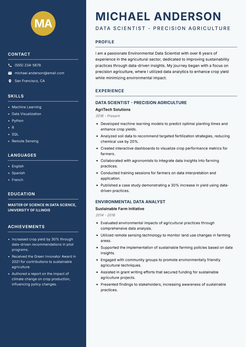 Environmental Data Scientist resume sample — Data Scientist - Precision Agriculture focus