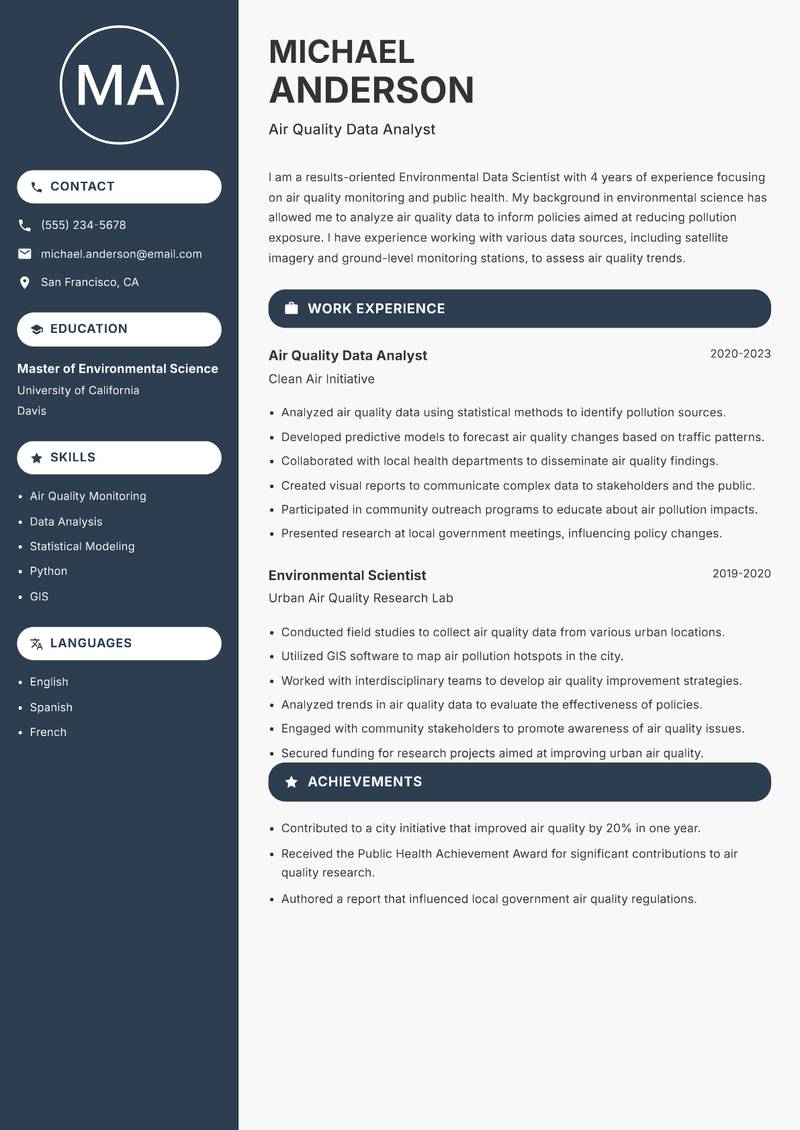 Environmental Data Scientist resume sample — Air Quality Data Analyst focus
