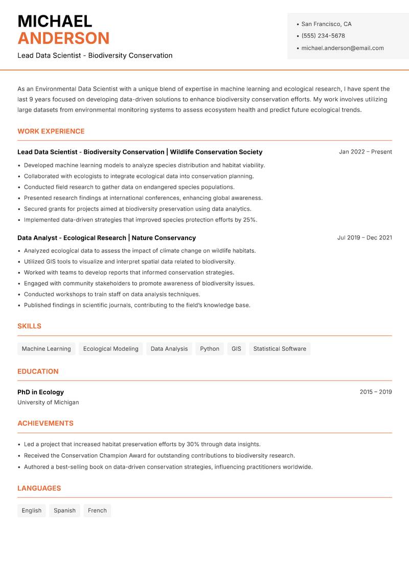 Environmental Data Scientist resume sample — Lead Data Scientist - Biodiversity Conservation focus