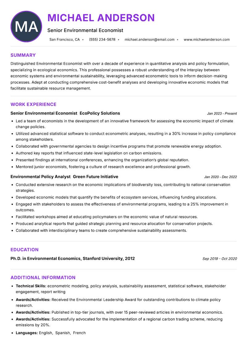 Environmental Economist resume example