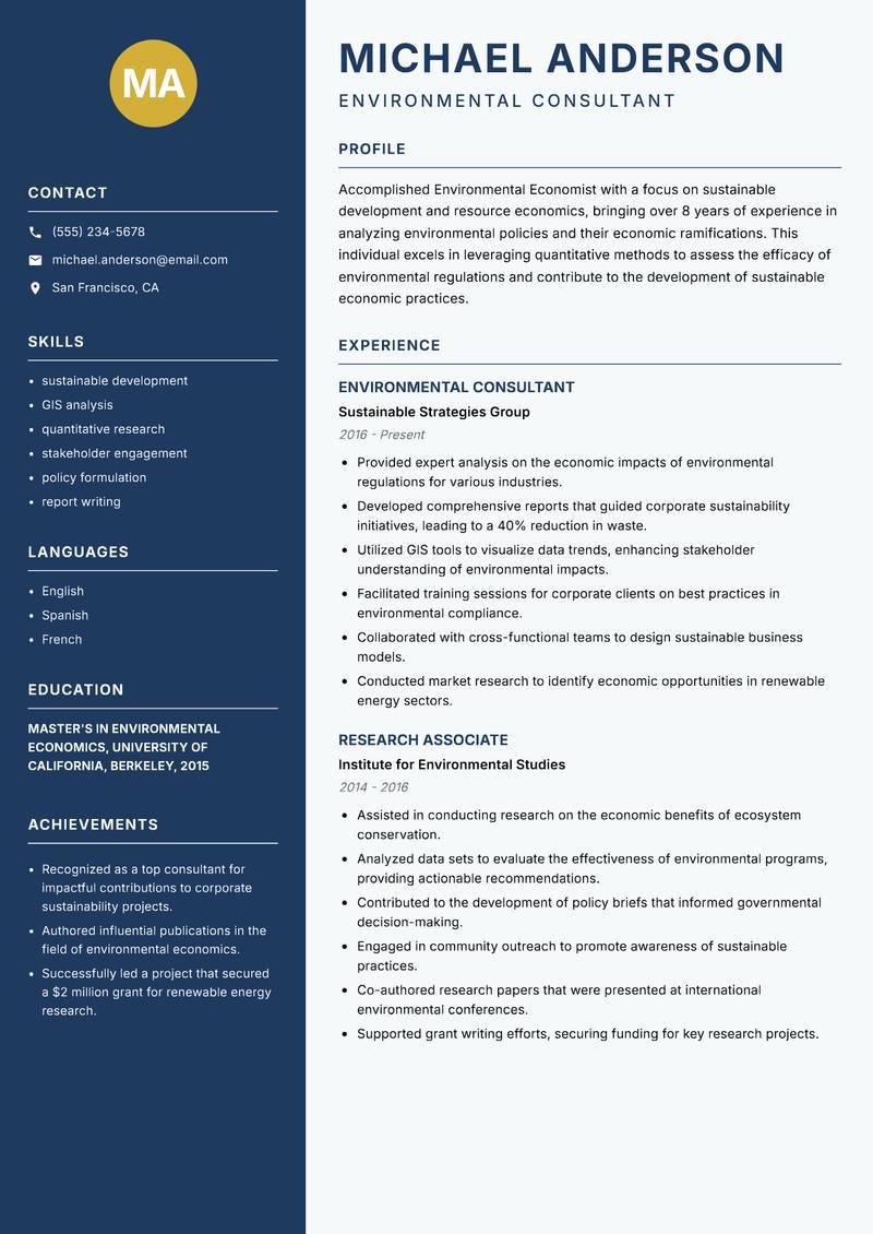 Environmental Economist resume sample — Environmental Consultant focus