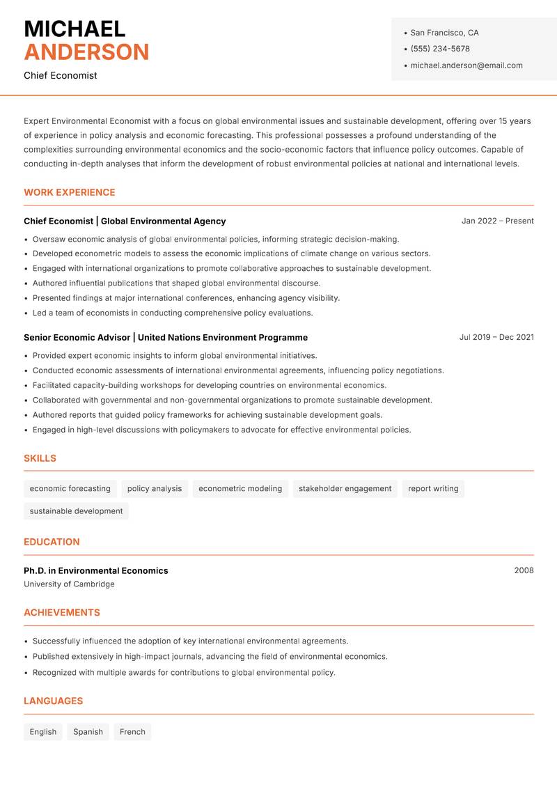Environmental Economist resume sample — Chief Economist focus