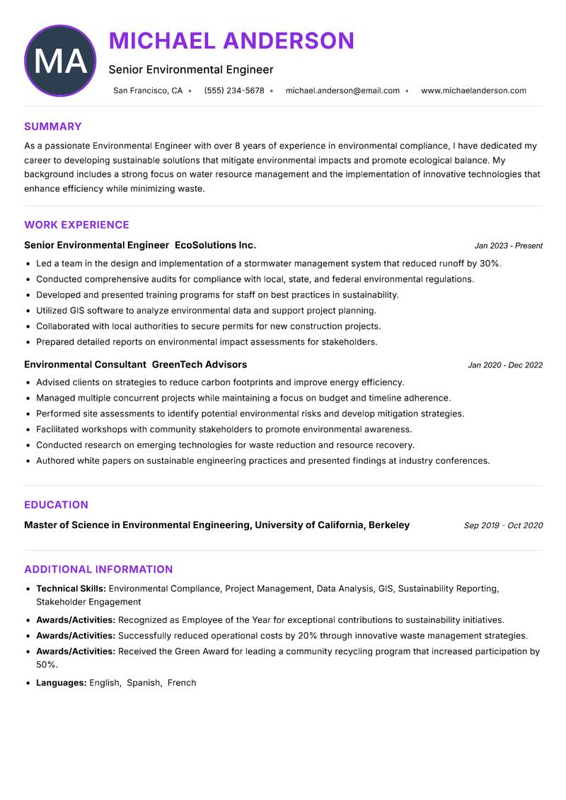 Environmental Engineer resume example