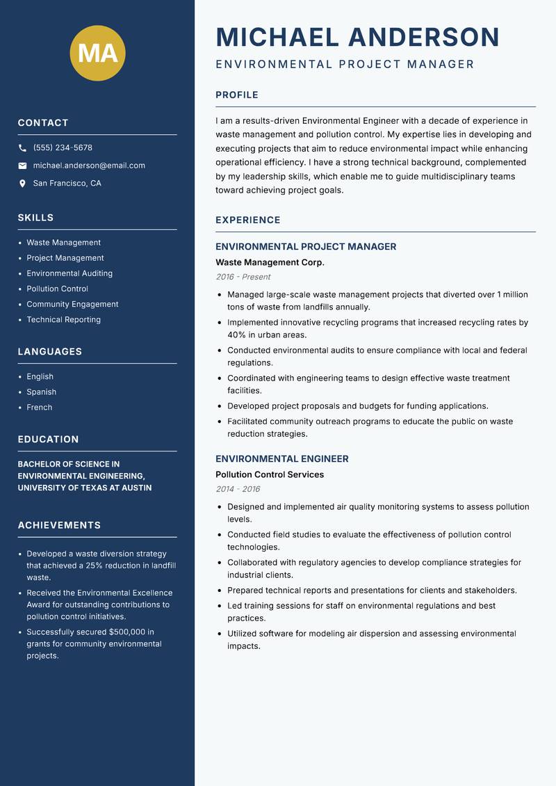 Environmental Engineer resume sample — Environmental Project Manager focus