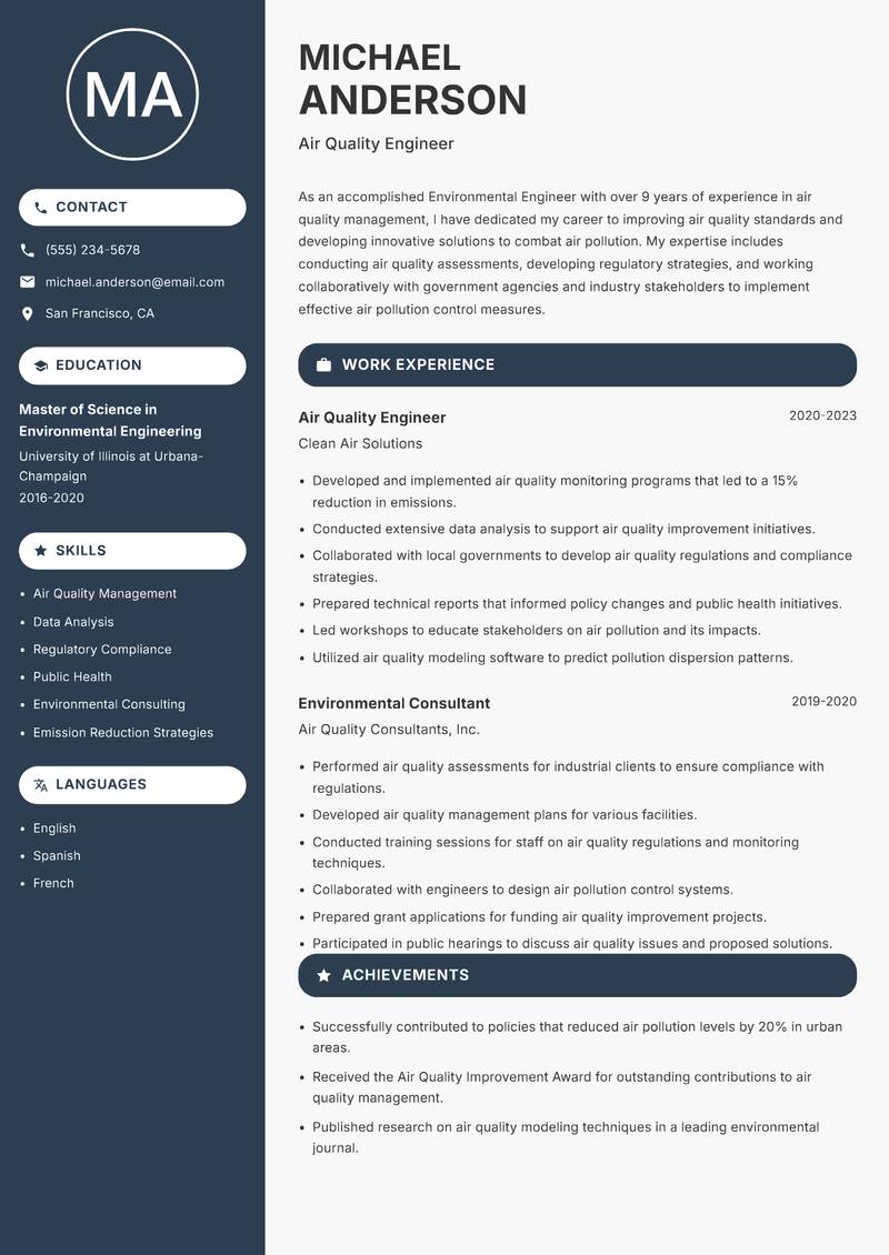 Environmental Engineer resume sample — Air Quality Engineer focus