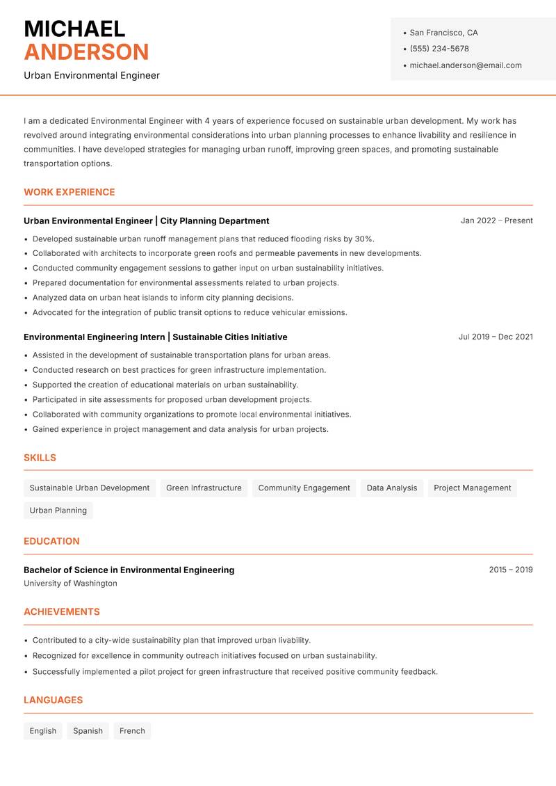 Environmental Engineer resume sample — Urban Environmental Engineer focus