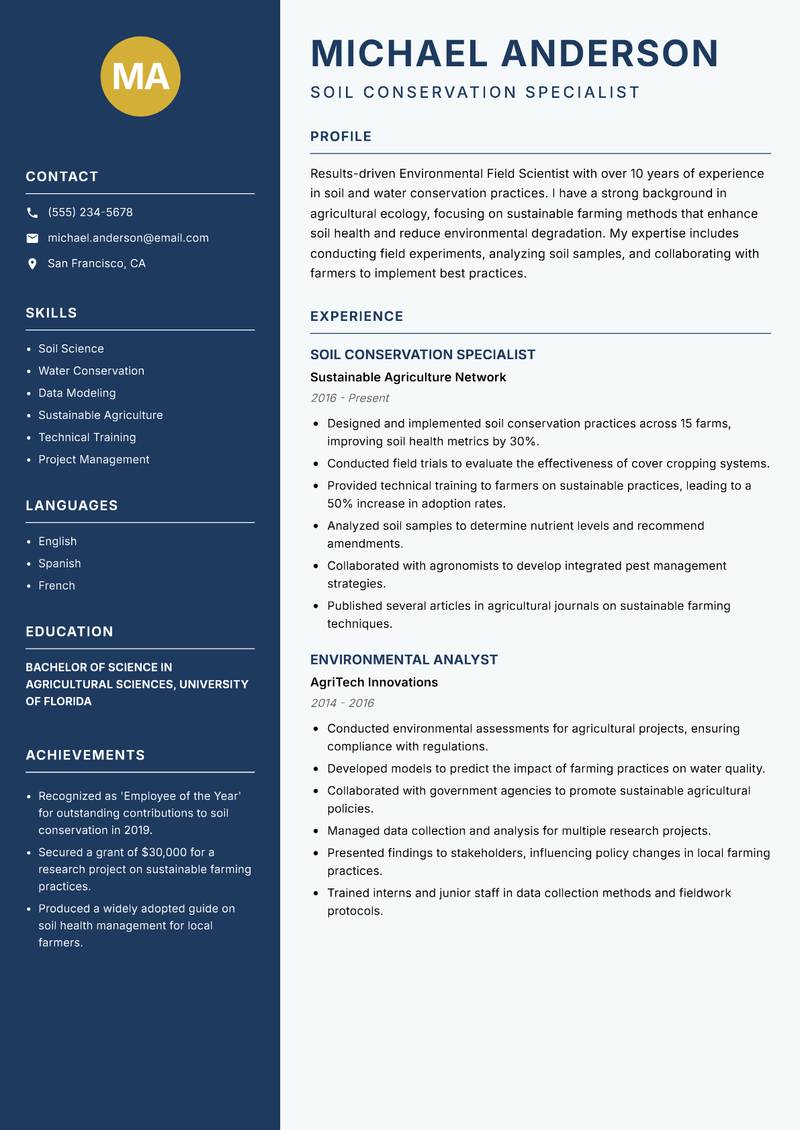 Environmental Field Scientist resume sample — Soil Conservation Specialist focus