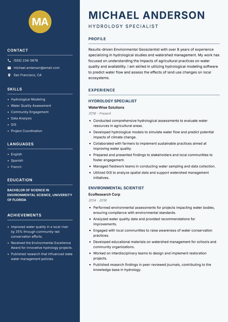 Environmental Geoscientist resume sample — Hydrology Specialist focus