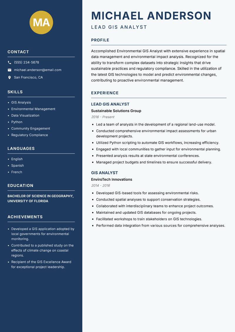 Environmental GIS Analyst resume sample — Lead GIS Analyst focus