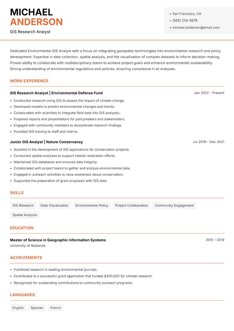 Environmental GIS Analyst resume sample — GIS Research Analyst focus