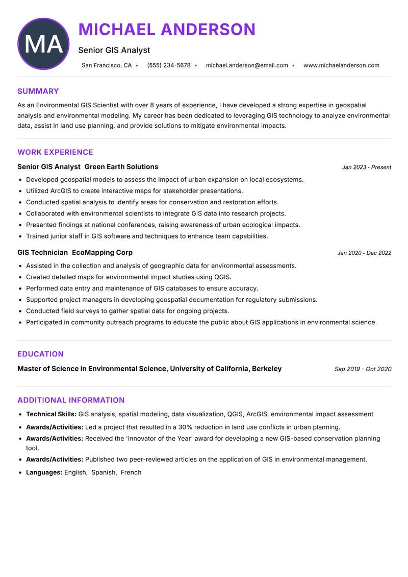 Environmental GIS Scientist resume example
