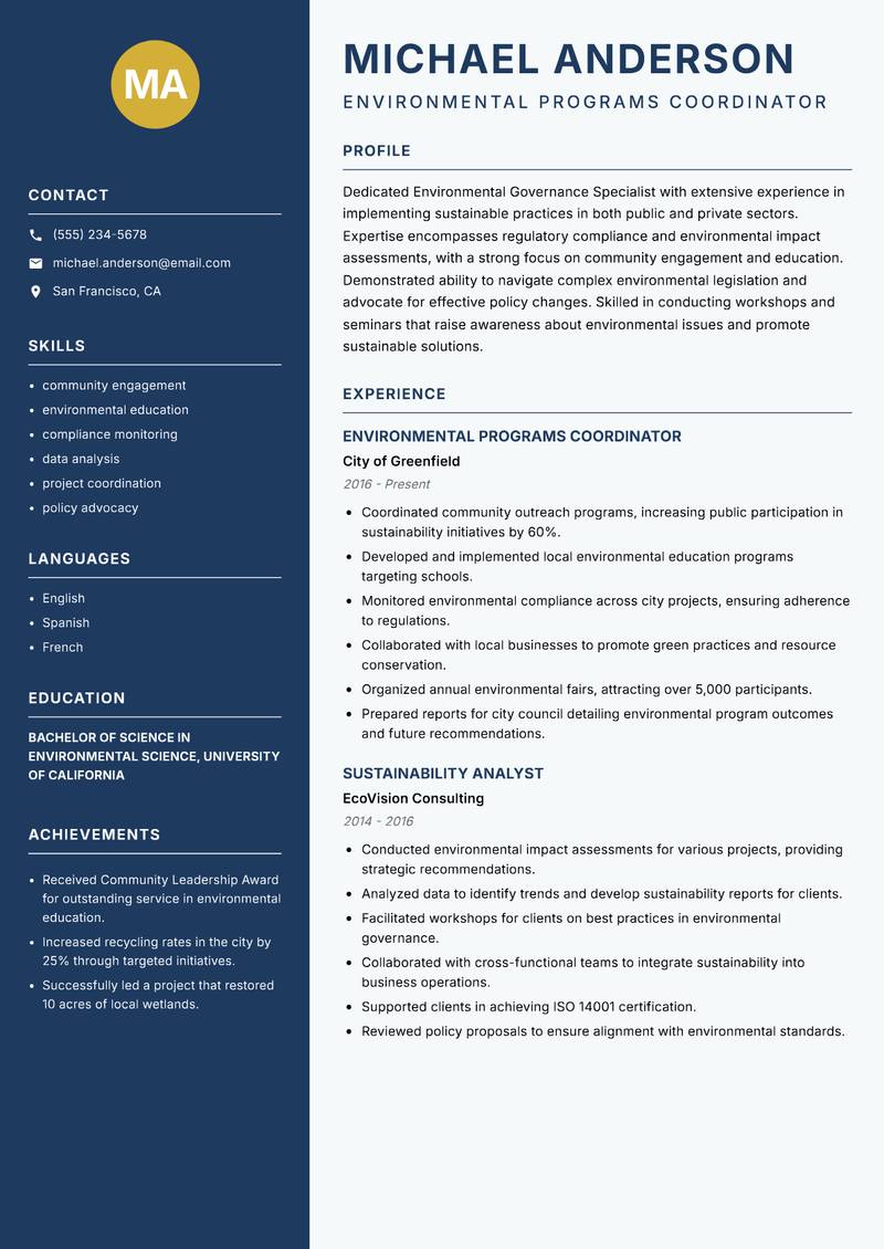 Environmental Governance Specialist resume sample — Environmental Programs Coordinator focus