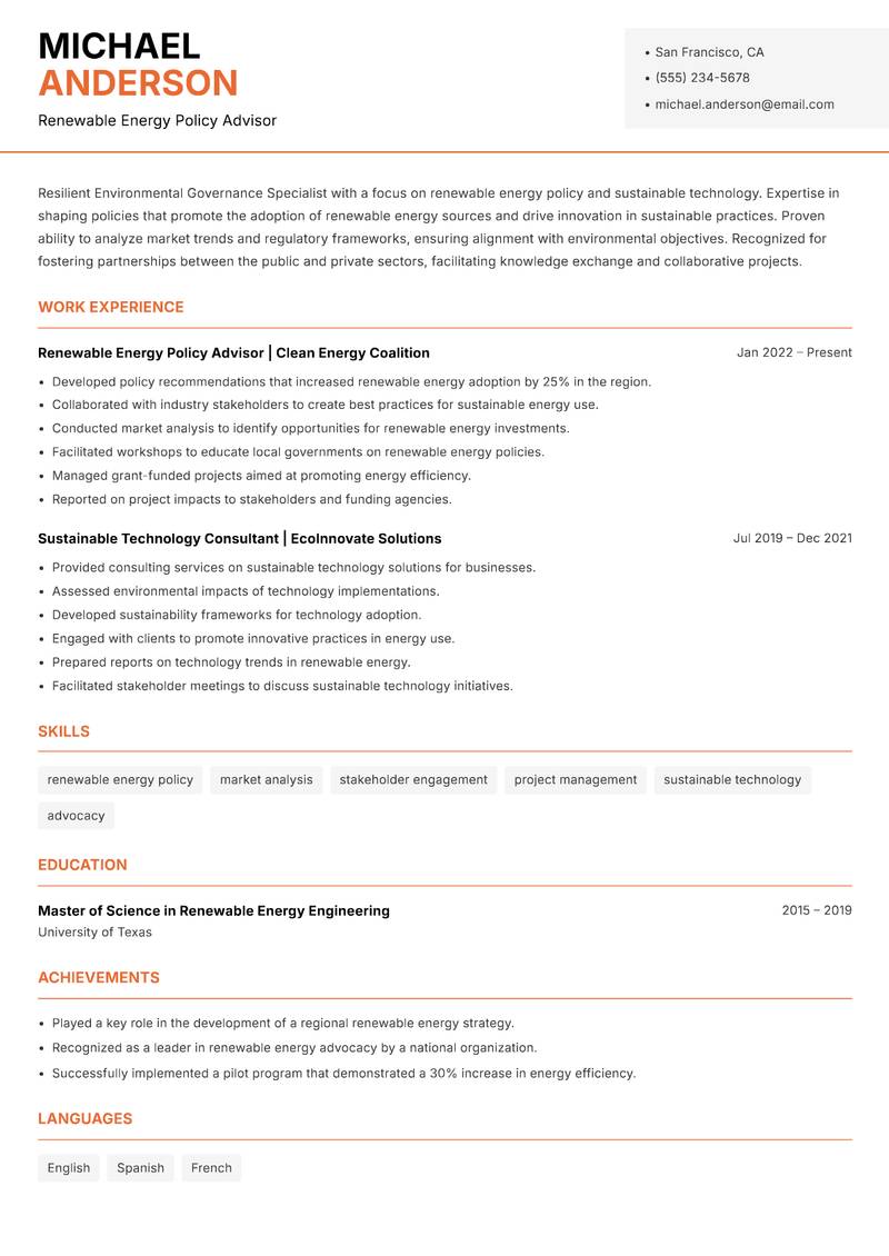 Environmental Governance Specialist resume sample — Renewable Energy Policy Advisor focus