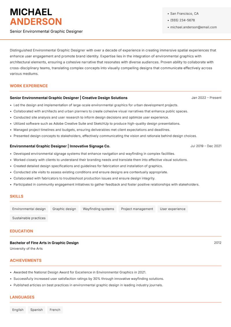 Environmental Graphic Designer resume sample — Senior Environmental Graphic Designer focus